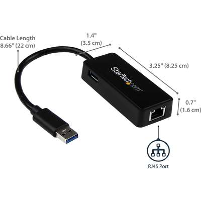 StarTech.com USB 3 Gigabit Ethernet Adapter NIC with USB Port - Black