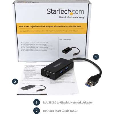 StarTech.com USB 3.0 Hub with Ethernet - Adapter with Built-In 2-Port USB Hub