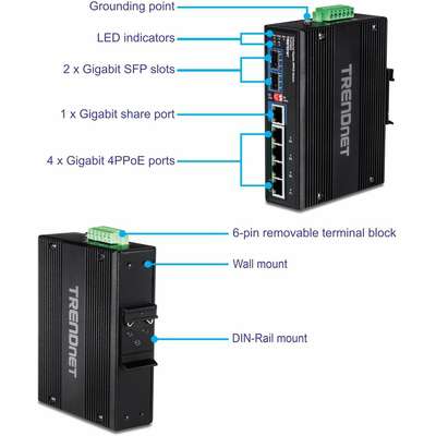 TRENDnet 6-Port Hardened Industrial Gigabit Ultra PoE DIN-Rail Switch