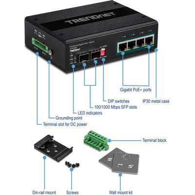 TRENDnet 6-Port hardened Industrial Gigabit PoE+ Switch /w 2 SFP
