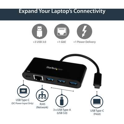 StarTech.com USB-C to GbE Adapter with 3-Port USB 3.0 Hub with Power Delivery