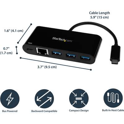 StarTech.com USB-C to GbE Adapter with 3-Port USB 3.0 Hub with Power Delivery