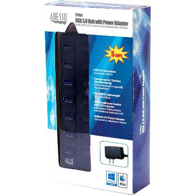 Adesso 7-Port USB 3.0 Hub with Individual Power Switch & Power Adapter