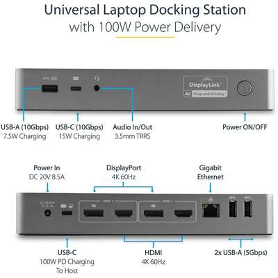 StarTech.com USB-C & USB-A Hybrid Dock with 100W PD - Dual 4K 60Hz HDMI / DP