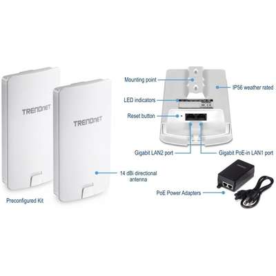 TRENDnet 14 dBI WiFi AC867 Outdoor PoE Preconfigured Point-to-Point Bridge Kit