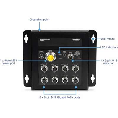 TRENDnet 8-Port Industrial EN50155 M12 Gigabit PoE+ Railway Switch