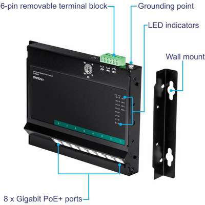 TRENDnet 8-Port Industrial Gigabit PoE+ Wall-Mount Front Access Switch