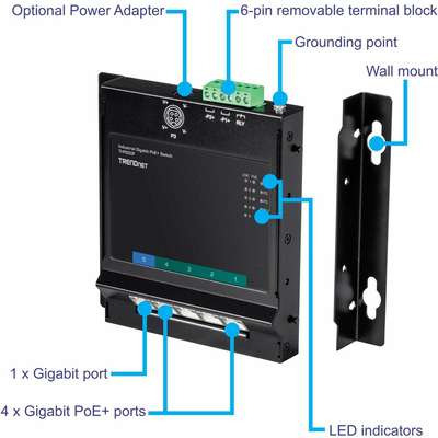 TRENDnet 5-Port Industrial Gigabit PoE+ Wall-Mounted Front Access Switch