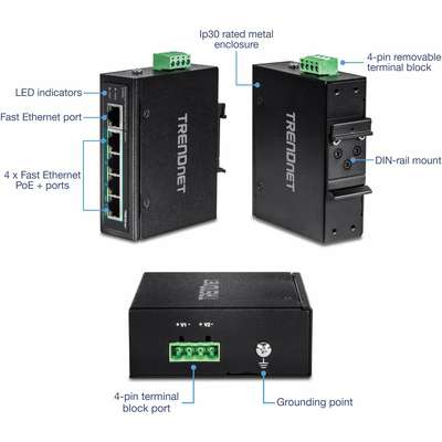 TRENDnet 5-Port Industrial Fast Ethernet PoE+ DIN-Rail Switch