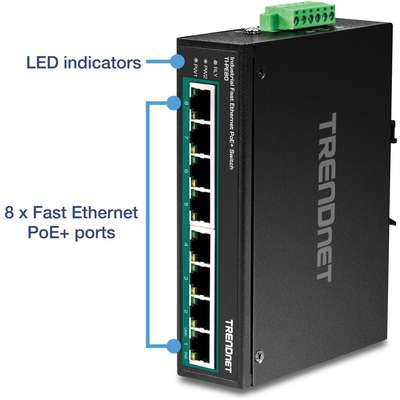 TRENDnet 8-Port Industrial Fast Ethernet PoE+ DIN-Rail Switch