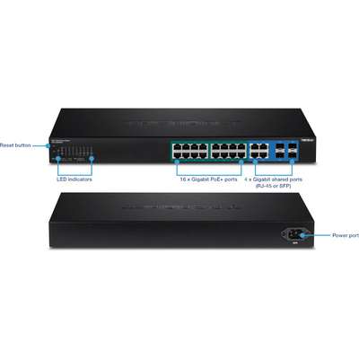 TRENDnet 20-Port Gigabit Web Smart 370W PoE+ Switch 16xPoE/4xShared Gigabit