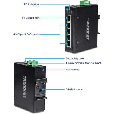 TRENDnet 5-Port Industrial Gigabit PoE + DIN-Rail Switch