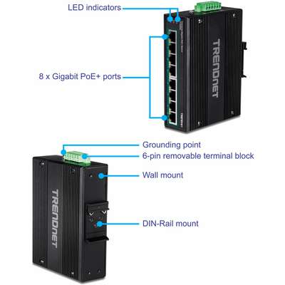 TRENDnet 8-Port Industrial Gigabit PoE+ DIN-Rail Switch (24 - 56V)