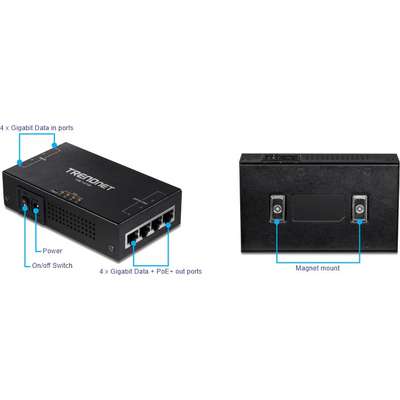 TRENDnet 65W 4 Port Gigabit PoE+ Injector