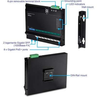 TRENDnet 10-Port Industrial Gigabit PoE+ Wall-Mount Front Access Switch