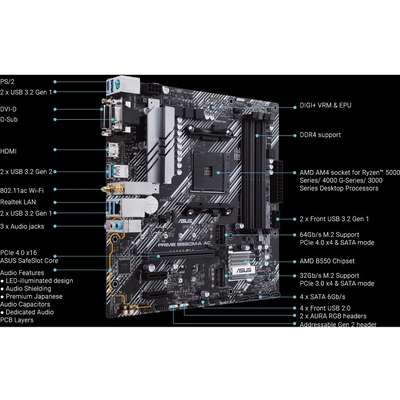 Asus MB Prime B550M-A AC AMD B550 AM4 Max.128GB DDR4 PCIE MATX
