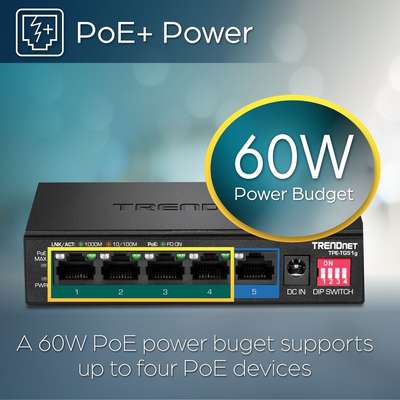 TRENDnet 5-Port Gigabit PoE+ Switch (60W)