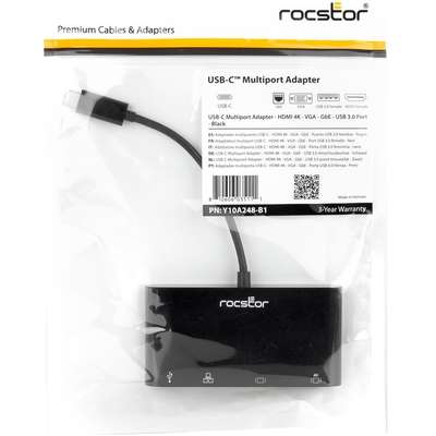 Rocstor USB-C Multiport Adapter - Black HDMI 4K/ VGA/Gbe/USB 3.0PORT Female