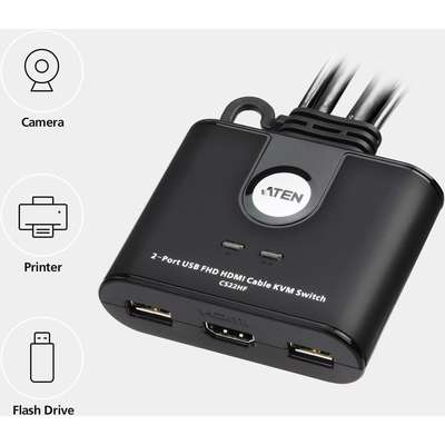 ATEN 2-Port USB FHD HDMI Cable KVM with Remote Port Selector
