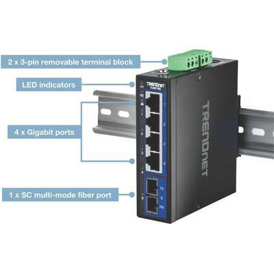 TRENDnet 5-Port Hardened Industrial Gigabit DIN-Rail Switch with Multi-Mode SC Port