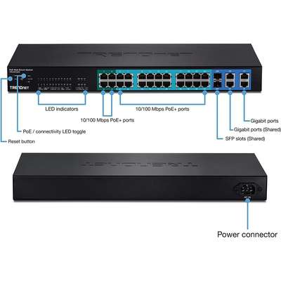 TRENDnet 24-Port 10/100Mbps Web Smart PoE Switch with 4 Gigabit Ports and 2 Mini-GBIC Slots