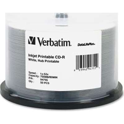 Verbatim DataLifePlus CD-R 52x 80-Min White Hub/Inkjet Print *50-Pack Spindle*