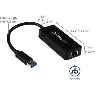 StarTech.com USB 3 Gigabit Ethernet Adapter NIC with  USB Port - Black