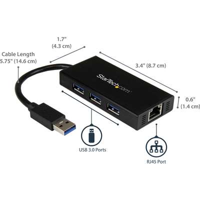 StarTech.com 3 Port Portable USB 3.0 Hub with Gigabit Ethernet Adapter