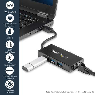 StarTech.com 3 Port Portable USB 3.0 Hub with Gigabit Ethernet Adapter