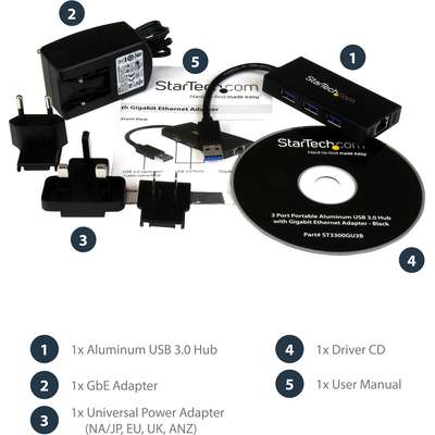 StarTech.com 3 Port Portable USB 3.0 Hub with Gigabit Ethernet Adapter