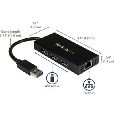 StarTech.com 3 Port Portable USB 3.0 Hub with Gigabit Ethernet Adapter