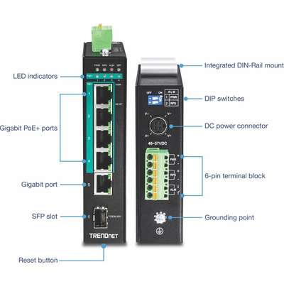 TRENDnet 6-Port hardened Industrial Gigabit PoE+ Layer 2 Managed DIN-Rail Switch