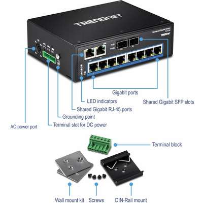 TRENDnet 10-Port Hardened Industrial Gigabit DIN-Rail Switch