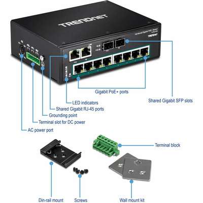 TRENDnet 10-Port Hardened Industrial Gigabit PoE+ DIN-Rail Switch