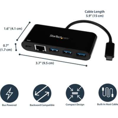 StarTech.com USB-C to GbE Adapter with 3-Port USB 3.0 Hub with  Power Delivery