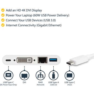 StarTech.com USB C Multiport Adapter - DVI-D/PD 3.0/GbE/USB-A - Mini Dock