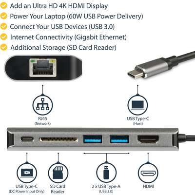 StarTech.com USB-C Multiport Adapter - USB-C to 4K HDMI - PD/USB 3.0/GbE/SD