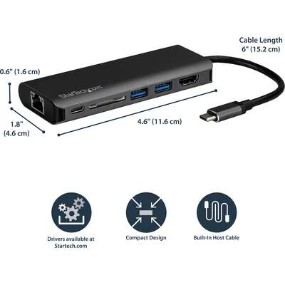 StarTech.com USB-C Multiport Adapter - USB-C to 4K HDMI - PD/USB 3.0/GbE/SD