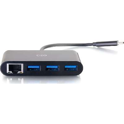 C2G USB-C to Ethernet Adapter with 3-Port USB Hub - Black