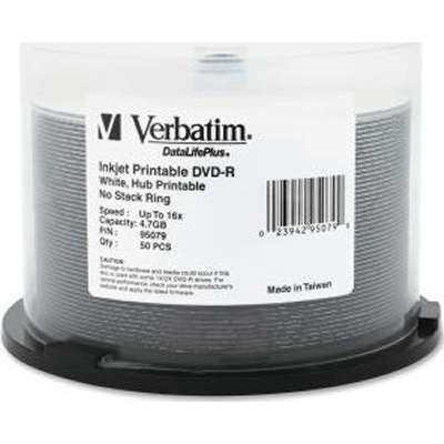 Verbatim DVD-R 4.7GB 16x DataLifePlus White Inkjet/Hub Printable *50-Pack Spindle*