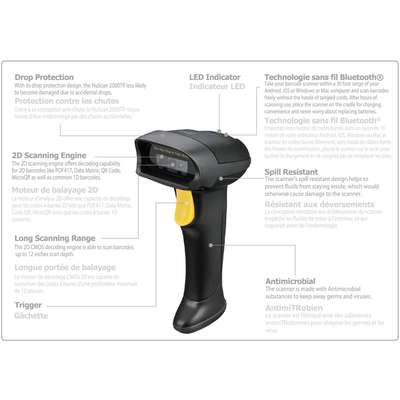 Adesso Bluetooth Spill Resistant Antimicrobial 2D Barcode Scanner with Charging Cra