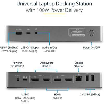 StarTech.com USB-C & USB-A Hybrid Dock with  100W PD - Dual 4K 60Hz HDMI / DP