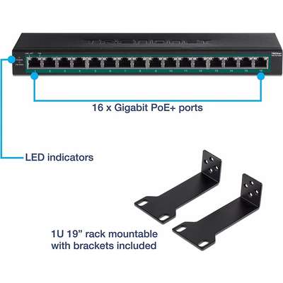 TRENDnet 16-Port Gigabit PoE+ Switch (123W)