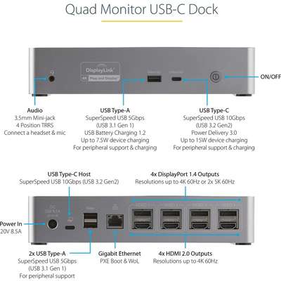 StarTech.com Universal USB-C Dock - Quad Monitor 4K 60Hz DP/HDMI, 100W PD