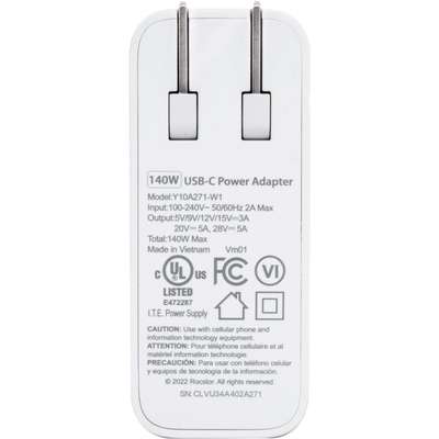Rocstor 140W Smart USB-C Power Adapter Gan Technology -UL & FCC/Ce -White