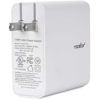 Rocstor 140W Smart USB-C Power Adapter Gan Technology -UL & FCC/Ce -White