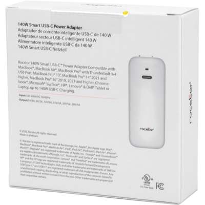 Rocstor 140W Smart USB-C Power Adapter Gan Technology -UL & FCC/Ce -White