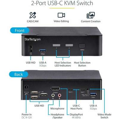 StarTech.com 2 Port USB C KVM DP Switch - 4K 60HZ 3.5MM & USB Audio