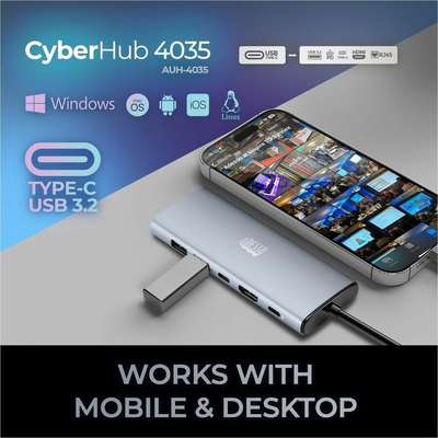 Adesso 6-In-1 USB-C Multiport Docking Station, Supports X1 4K HDMI, X2 USB-A 3.2,1x USB