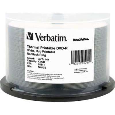 Verbatim DVD-R 4.7GB 16X DataLifePlus White Thermal/Hub Printable - 50-pack Spindle